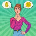 Pop art young beautiful woman thinking about money. Royalty Free Stock Photo
